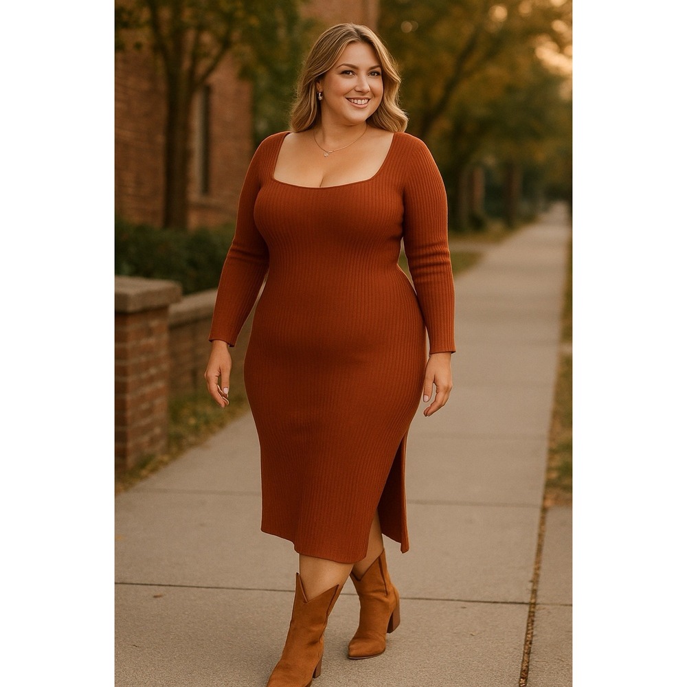 LEE Women's Ribbed Sweater Dress 1X Rust Square Neck Western Maxi Sexy Autumn